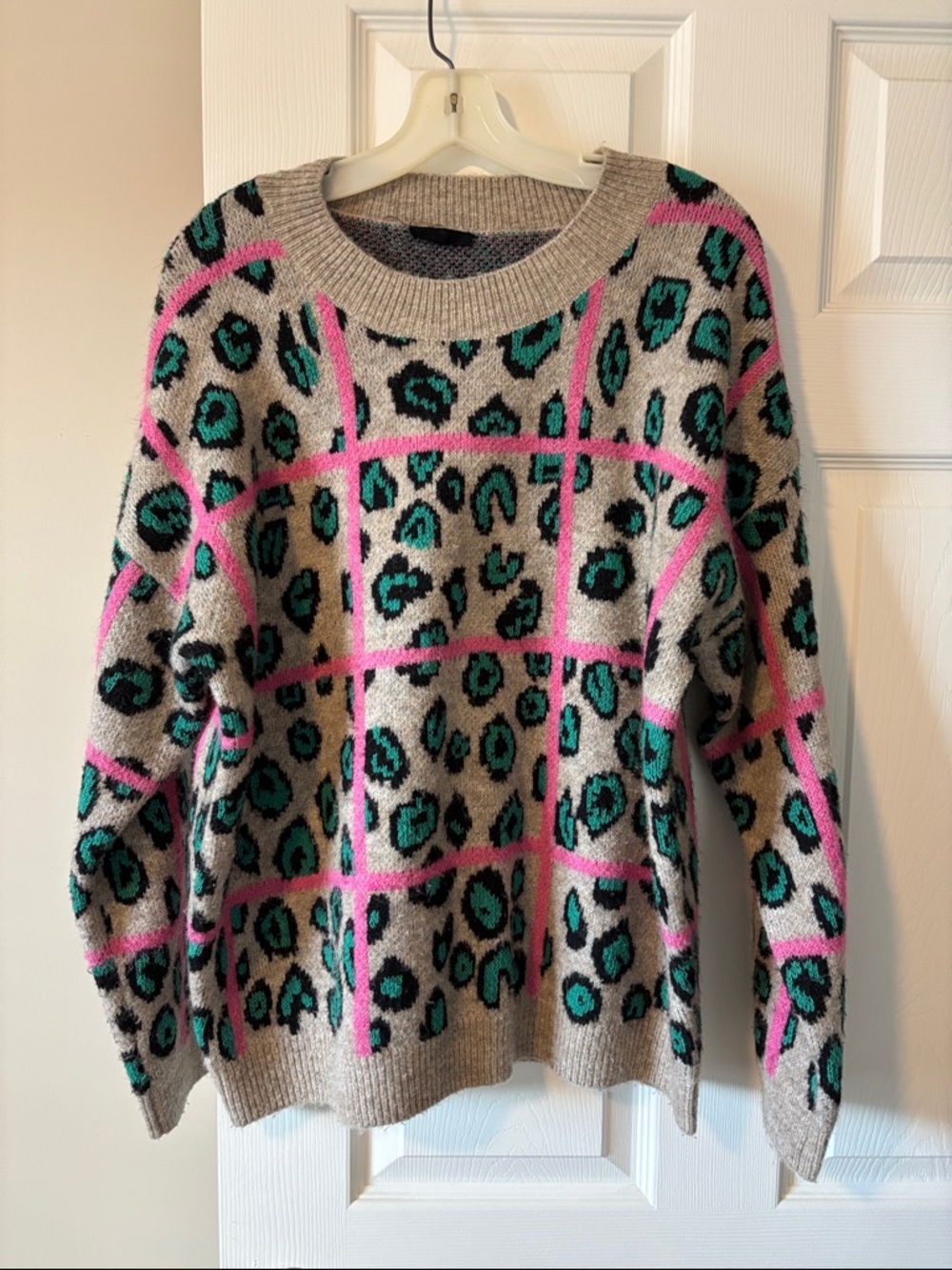 Beige Crewneck Sweater with Teal Leopard Print & Pink Grid